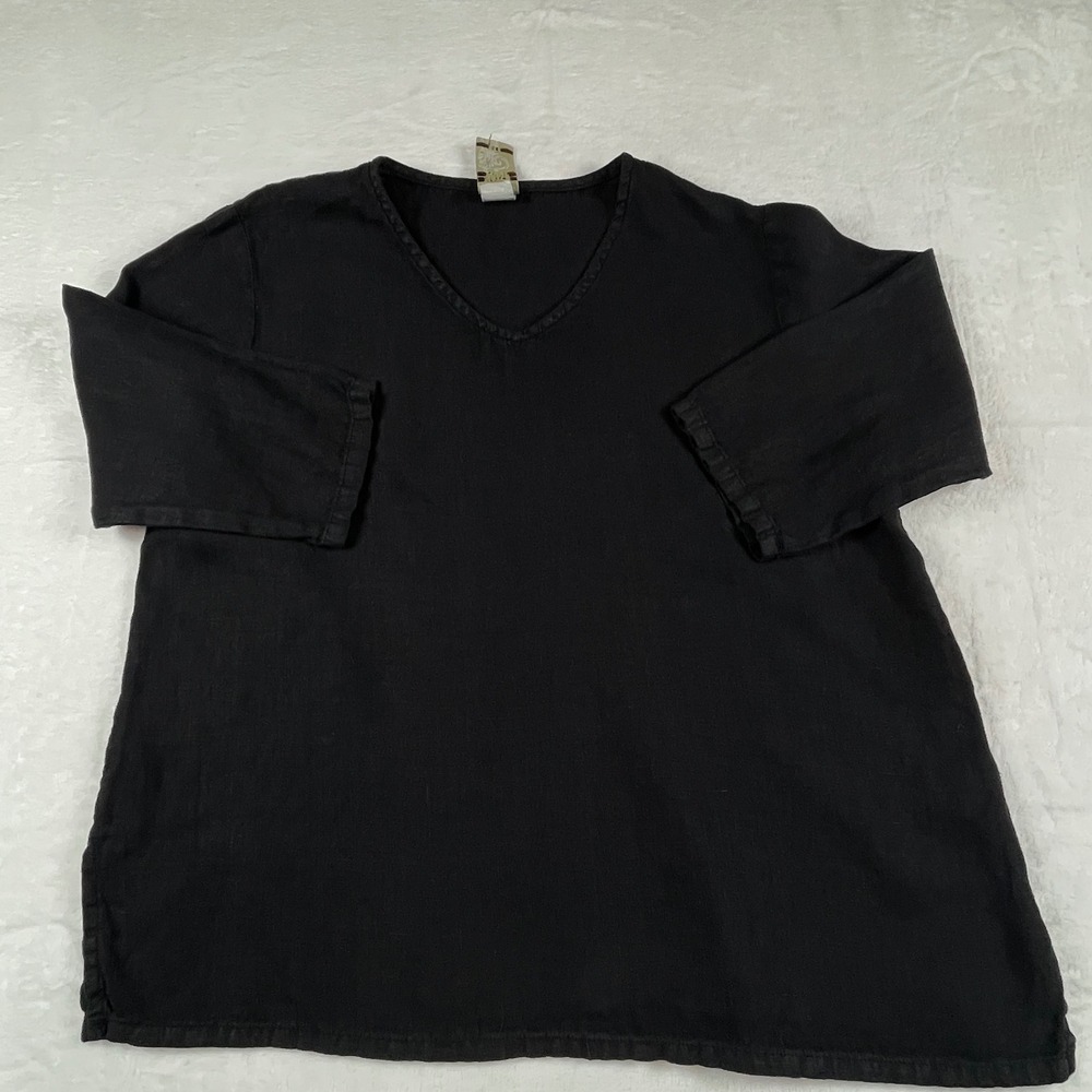 Match Point Womens Black Linen V-Neck 3/4 Sleeve Tunic Top Size S Made in USA